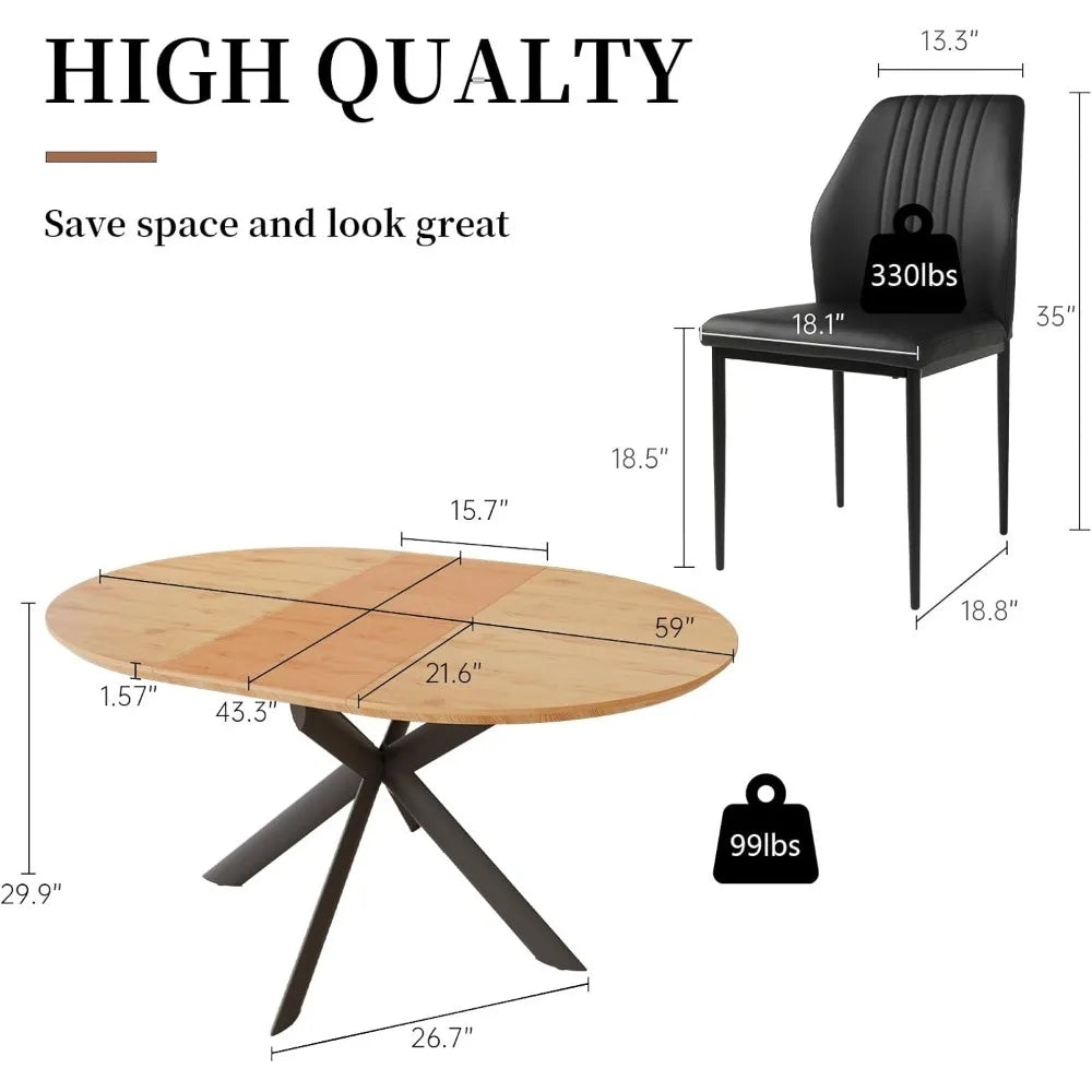 43.2"-59.1" Extendable Round Dining Table Set, Wooden Round Table for 4-6 Person, Oak Coffee Table w/Scratch-Resistant Tabletop
