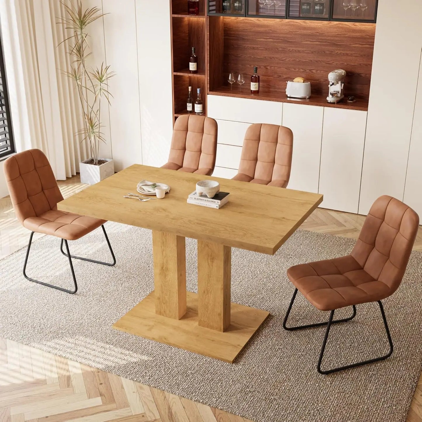 Dining Table Set – 46" Modern Oak Table with 4 Faux Leather Chairs, Rectangular Kitchen & Dining Set