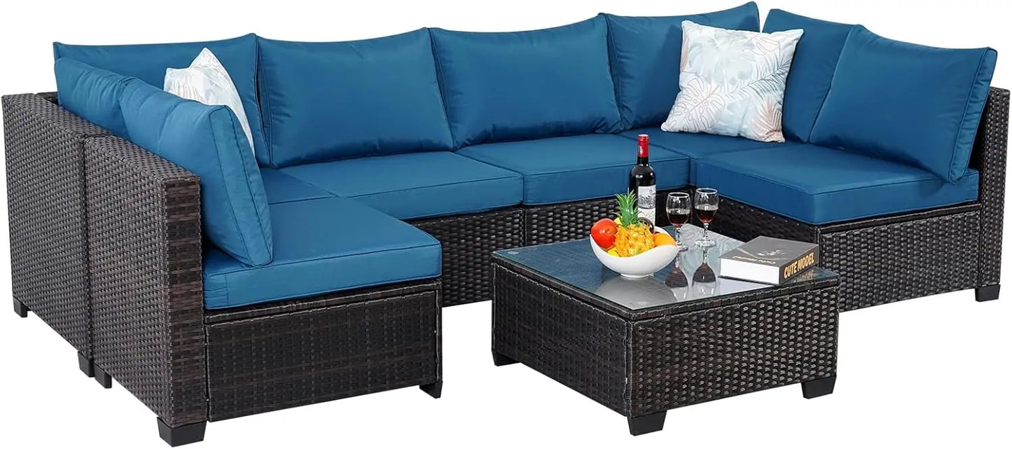 7 Piece Sectional Sofa Set Outdoor, Rattan Patio Furniture Set, Outdoor Sectional Furniture, Rattan Chairs Glass Table