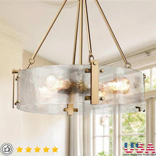 Modern Textured Glass Chandelier Gold Drum Light Fixture Adjustable Height Elegant Design Dining Room Kitchen Living Space