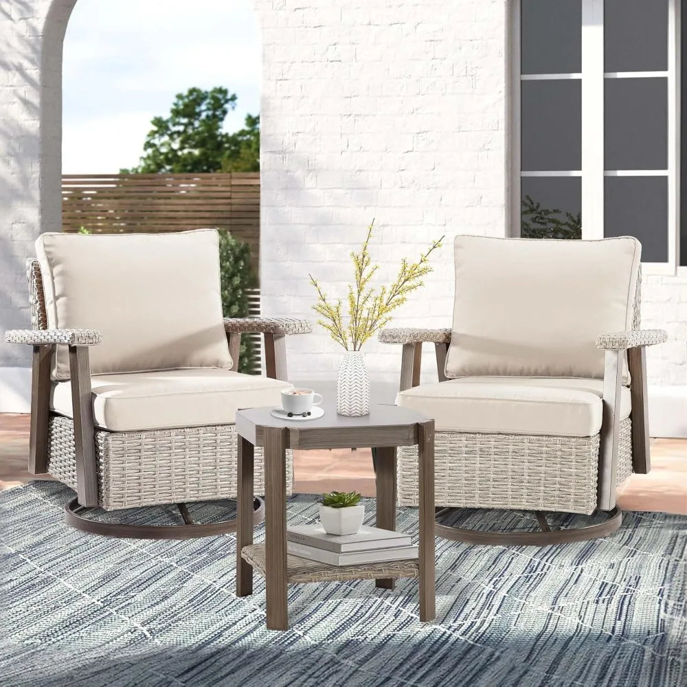 3 Pieces Patio Furniture Set, 2 Seats High Back Rattan Glider Swivel Chairs and Side Table, Outdoor High Back Wicker Furniture