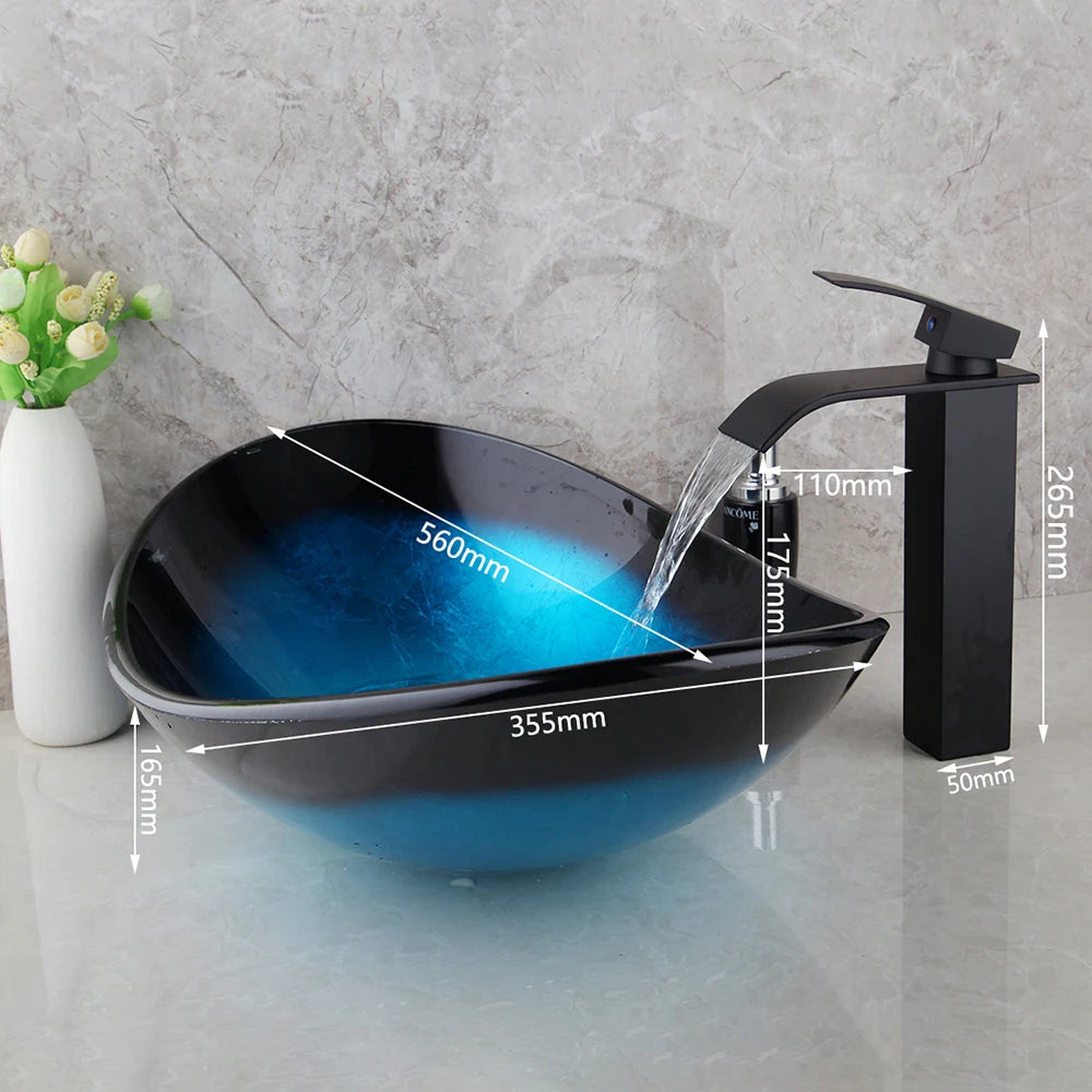 YANKSMART Bathroom Vessel Oval Sink Set Contemporary Tempered Glass Basin Black Faucet Chrome Pop-up Drain Combo Washbasin Kit